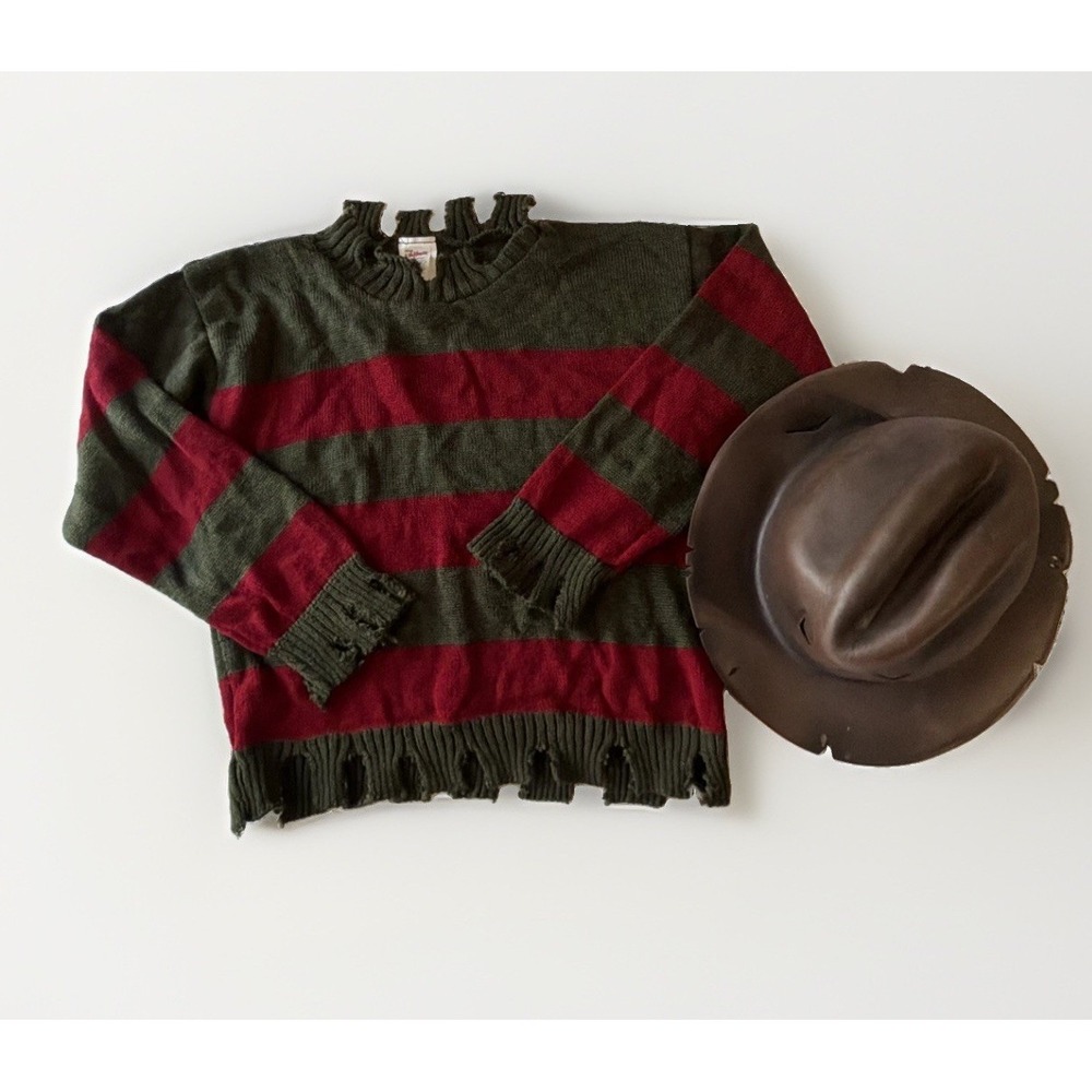 Rubies Freddy Krueger Sweater Kids Medium Elm Street Costume Hat Lot 2pc Set